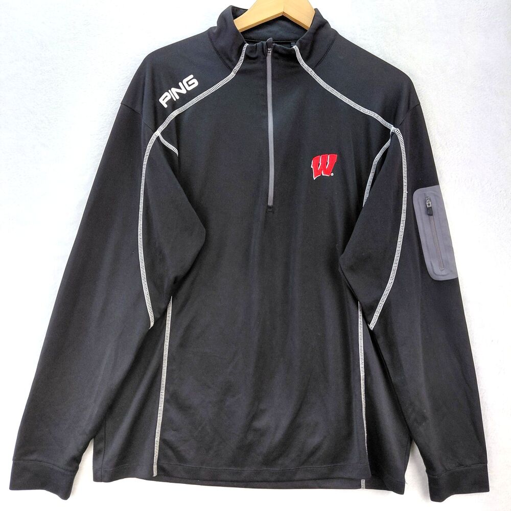 PING Wisconsin Badgers Mens Large Black Ranger 1/4 Zip Performance Golf Pullover